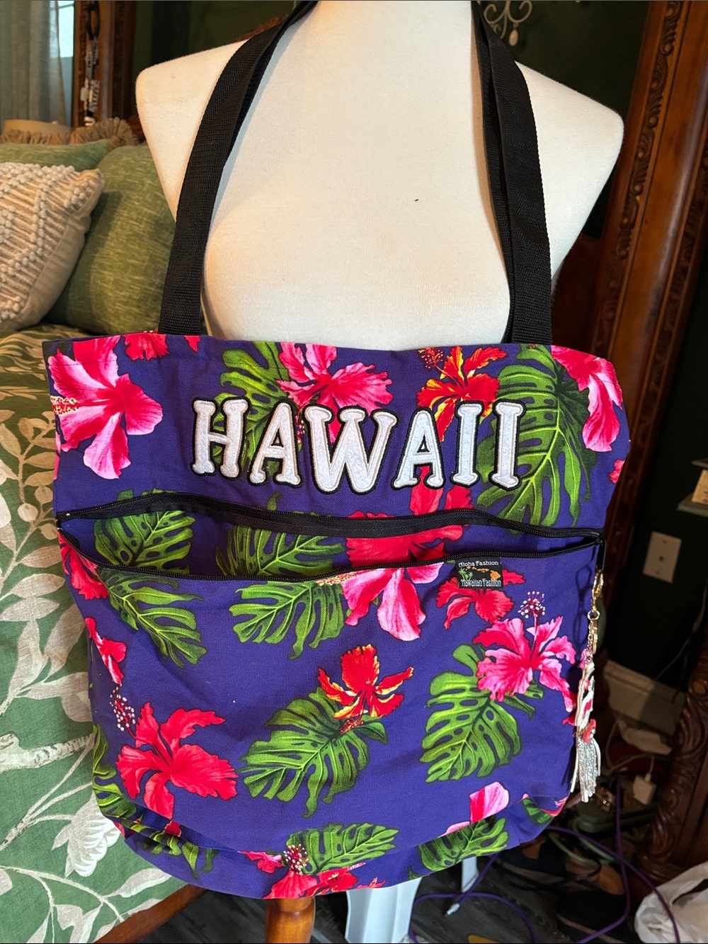 Hawaii Floral Tote Bag - Purple Pink Green 18” x 16”